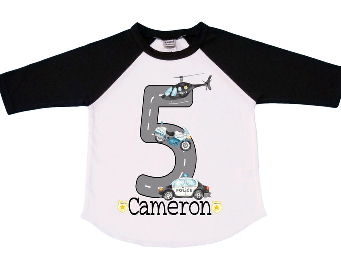 Personalized Hands Up! I'm 5 FIVE Raglan Monster Truck theme Birthday Shirt. FIVE Birthday. Boy's Police Birthday . Police Birthday .
