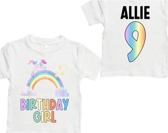 Personalized Rainbow NINE Birthday Girl Shirt. Cake Smash Short Sleeve Birthday Shirt. 9th . Birthday Shirt