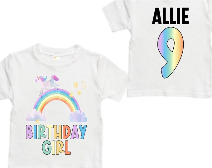 Personalized Rainbow NINE Birthday Girl Shirt. Cake Smash Short Sleeve Birthday Shirt. 9th . Birthday Shirt
