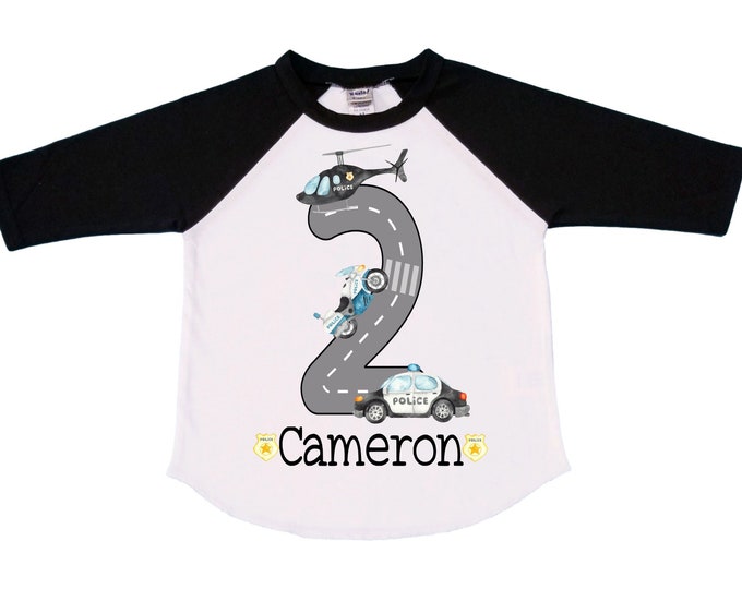 Personalized  2 Police Themed Birthday Shirt. Two Birthday. Boy's Police Car Birthday Shirt. Police Birthday Shirt.