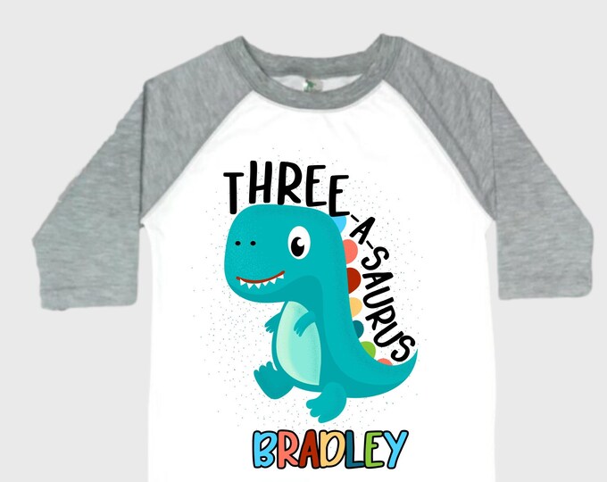 Personalized Dinosaur theme Birthday Shirt. Three Birthday. Boy's Dino Birthday Shirt. Dinosaur Birthday Shirt. THREE Rex