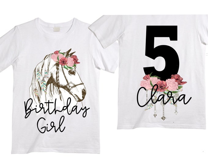 Personalized Boho Horse Unicorn theme Birthday Shirt. Six Birthday. Girl's Floral Dino Birthday Shirt. Dinosaur Birthday Shirt.  5 Birthday
