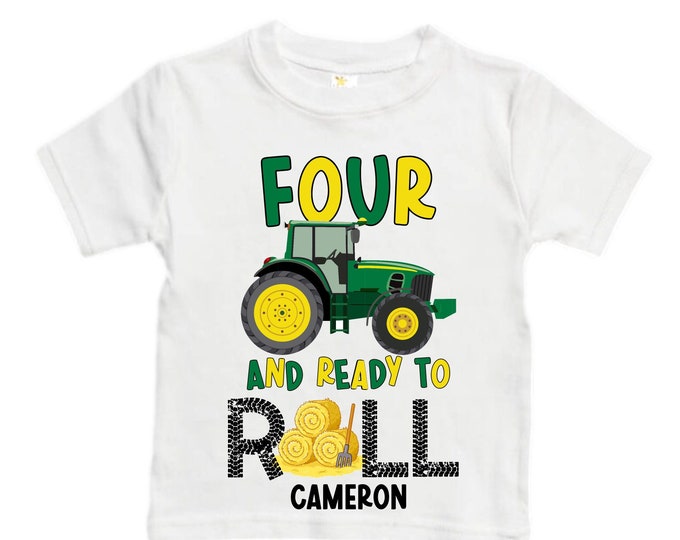 Personalized Tractor FOUR  Raglan Monster Truck theme Birthday Shirt. Two Birthday. Boy's Racing Birthday . Tractor Birthday .