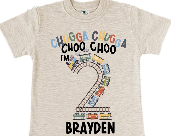 Personalized Choo Choo I'm 2 Train theme Birthday Shirt. Two Birthday. Boy's Train Birthday Shirt. Choo Choo Train Birthday Shirt.