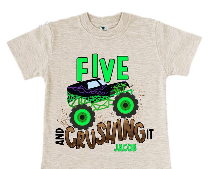 Personalized Monster Truck Crushing IT Birthday Shirt. FIVE Birthday. Boy's Truck Birthday Shirt. Monster Truck Racing Birthday Shirt.
