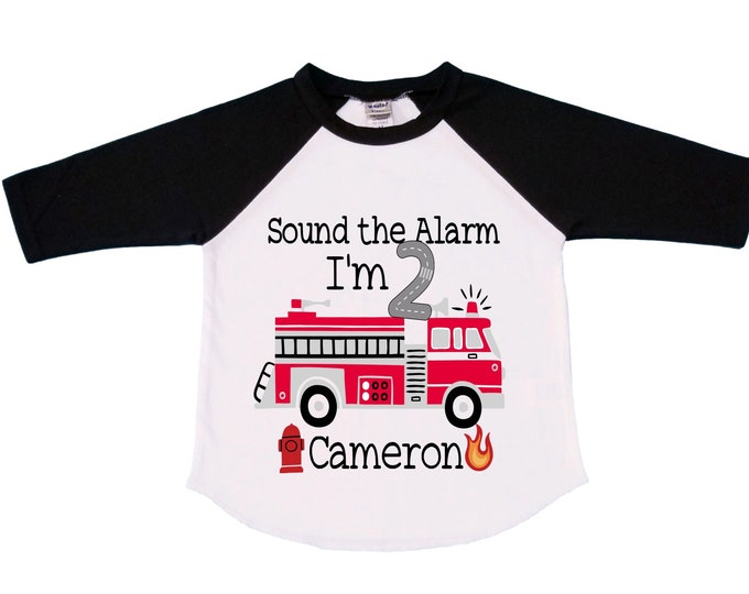 Personalized Sound the Alarm I'm 2 Fire Truck theme Birthday Shirt. Two Birthday. Boy's Truck Birthday Shirt. Fire Truck Birthday Shirt.