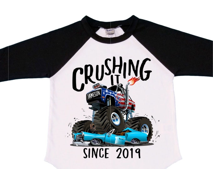 Personalized Monster Truck Crushing it theme Birthday Shirt. Two Birthday. Boy's Truck Birthday Shirt. Monster Truck Racing Birthday Shirt.