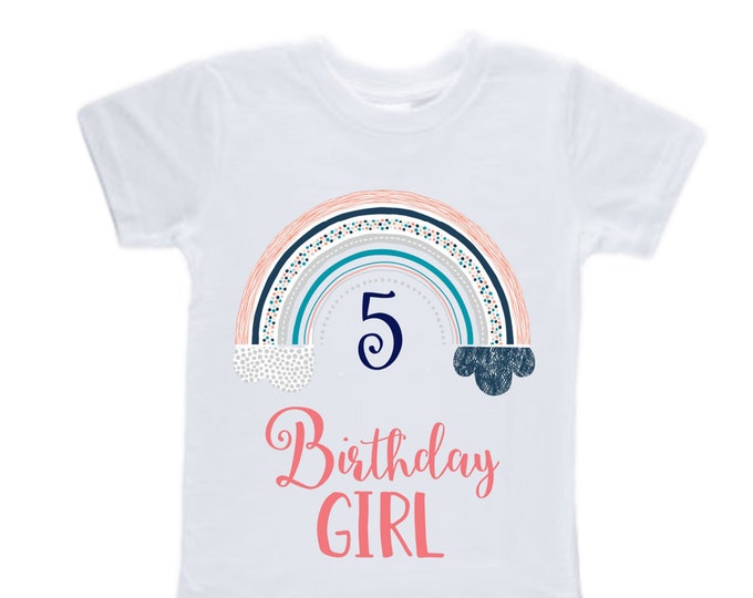 Personalized Rainbow FIVE Birthday Girl Shirt. Cake Smash Short Sleeve Birthday Shirt. 5th . Birthday Shirt