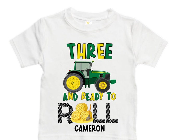 Personalized Tractor theme Birthday Shirt. THREE Birthday. Boy's Truck Birthday Shirt. Tractor Racing Birthday Shirt.