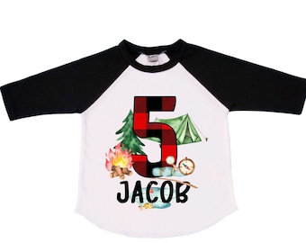 Personalized Camping. Camp theme Birthday Shirt. Happy Camper Birthday. Camper Shirt . FIVE Birthday. Boy's Camp Birthday. adventure shirt
