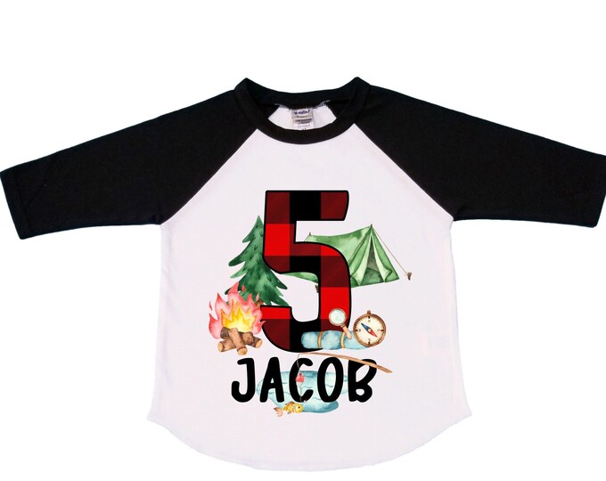 Personalized Camping. Camp theme Birthday Shirt. Happy Camper Birthday. Camper Shirt . FIVE Birthday. Boy's Camp Birthday. adventure shirt
