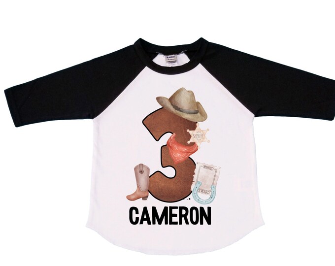 Personalized Farm / Wild West / Western / Cowboy theme Birthday Shirt. THREE Birthday. Boy's Tractor Birthday Shirt. Farm Birthday Shirt.