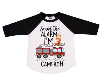 Personalized Sound the Alarm I'm 3 Fire Truck theme Birthday Shirt. THREE Birthday. Boy's Truck Birthday Shirt. Fire Truck Birthday Shirt.