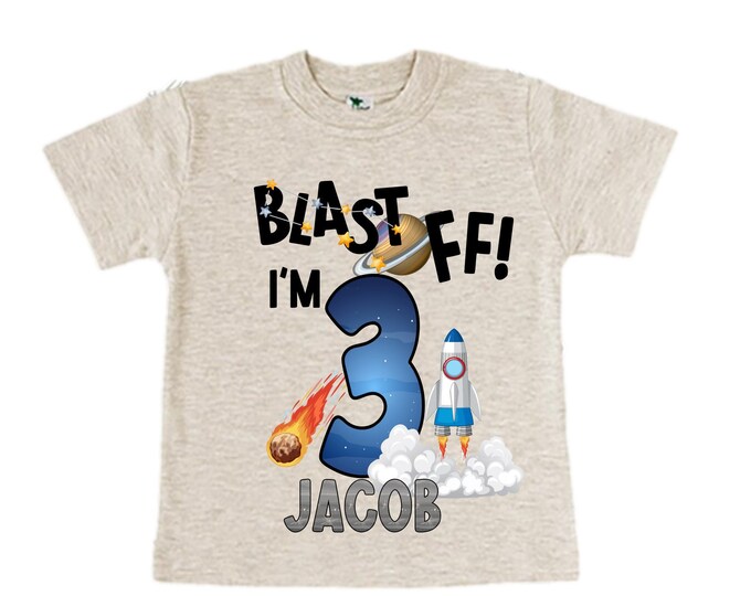 Personalized Space Birthday THREE Astronaut theme Birthday Shirt. THREE Birthday. Boy's Birthday Shirt. Spaceship Space ship Birthday Shirt.