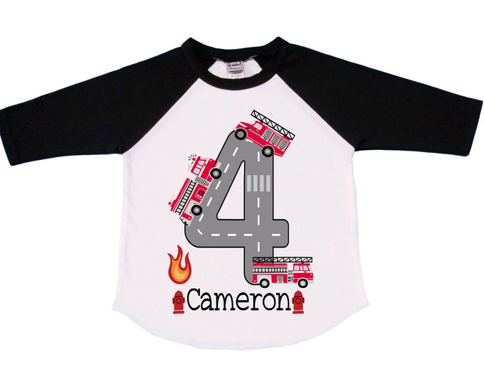 Personalized Sound the Alarm I'm 4Fire Truck FOUR  Raglan Monster Truck theme Birthday Shirt. Fourth Birthday. Boy's Fire Truck Birthday .