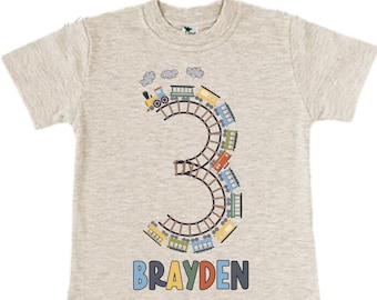 Personalized Choo Choo I'm 3 Train theme Birthday Shirt. Three Birthday. Boy's Train Birthday Shirt. Choo Choo Train Birthday Shirt.