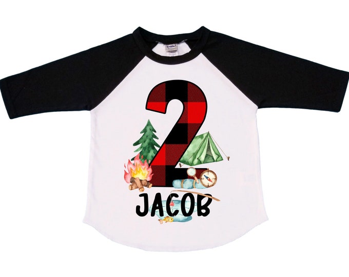 Personalized Camping. Camp theme Birthday Shirt. Happy Camper Birthday. Camper Shirt . Two Birthday. Boy's Camp Birthday. adventure shirt