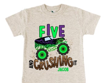 Personalized Monster Truck Crushing IT Birthday Shirt. FIVE Birthday. Boy's Truck Birthday Shirt. Monster Truck Racing Birthday Shirt.