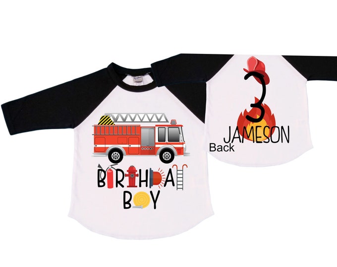Personalized Fire Truck theme Birthday Shirt. THREE Birthday. Boy's Truck Birthday Shirt. Fire Truck Birthday Shirt.