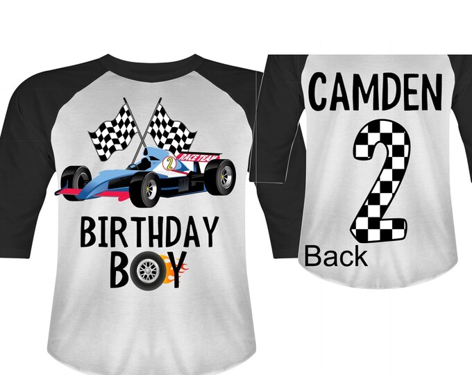 Personalized RaceCar theme Birthday Shirt. Two Birthday. Boy's Car Birthday Shirt. Race Car Racing Birthday Shirt.