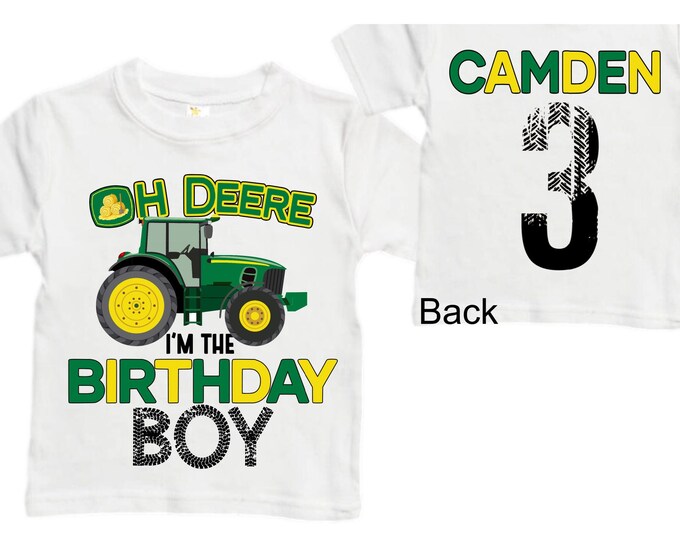 Personalized Tractor theme Birthday Shirt. THREE Birthday. Boy's Truck Birthday Shirt. Tractor Racing Birthday Shirt.