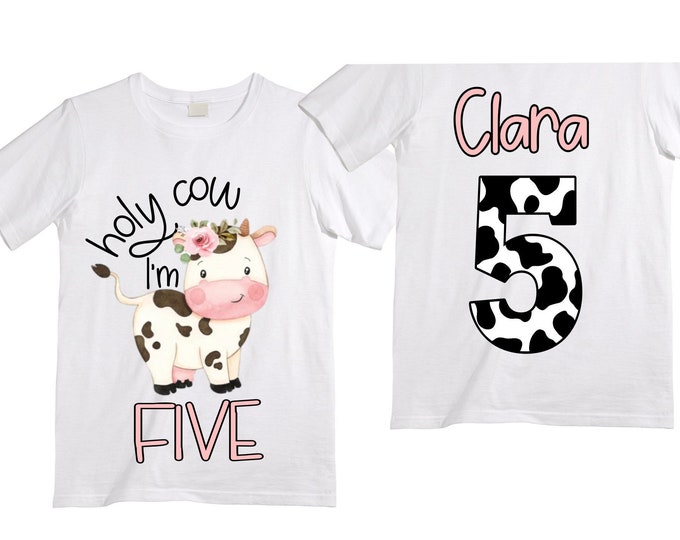 Personalized Holy Cow I'm FIVE Farm Barn Farm Animal Tractor theme Birthday Shirt. FIVE Birthday. Girls Farm Birthday Shirt. 5th