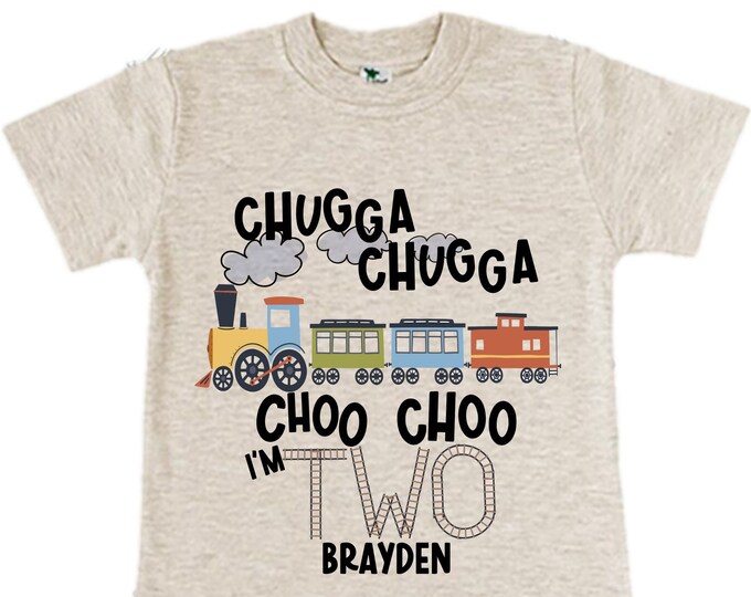 Personalized Choo Choo I'm 2 Train theme Birthday Shirt. Two Birthday. Boy's Train Birthday Shirt. Choo Choo Train Birthday Shirt.