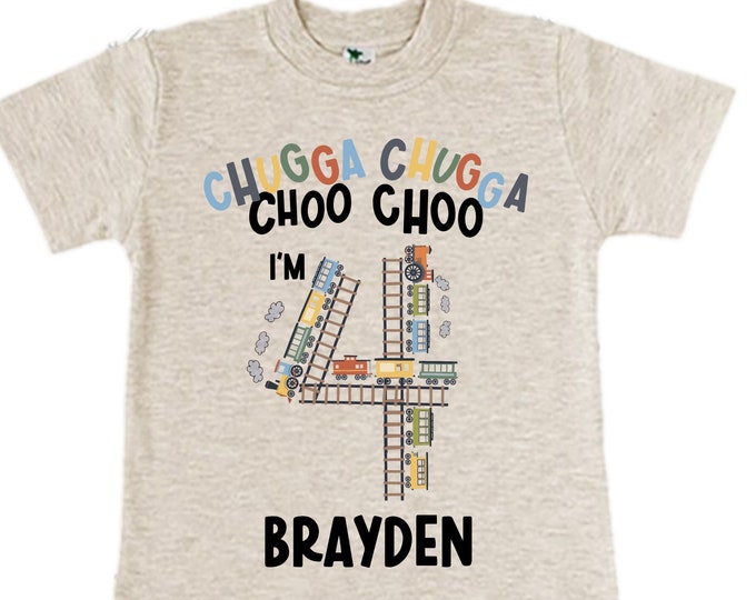 Personalized Choo Choo I'm 4 Train theme Birthday Shirt. Four Birthday. Boy's Train Birthday Shirt. Choo Choo Train Birthday Shirt.