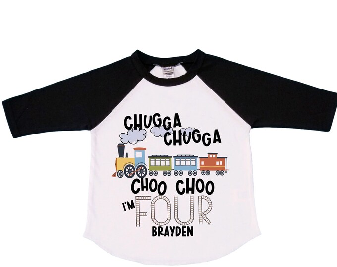 Personalized Choo Choo I'm 4 Train theme Birthday Shirt. Four Birthday. Boy's Train Birthday Shirt. Choo Choo Train Birthday Shirt.