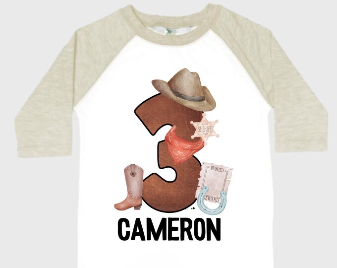Personalized Farm / Wild West / Western / Cowboy theme Birthday Shirt. THREE Birthday. Boy's Tractor Birthday Shirt. Farm Birthday Shirt.