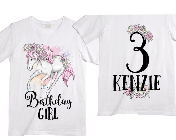 Personalized Horse Unicorn theme Birthday Shirt. Three Birthday. Girl's Floral Dino Birthday Shirt. Dinosaur Birthday Shirt. THREE Rex