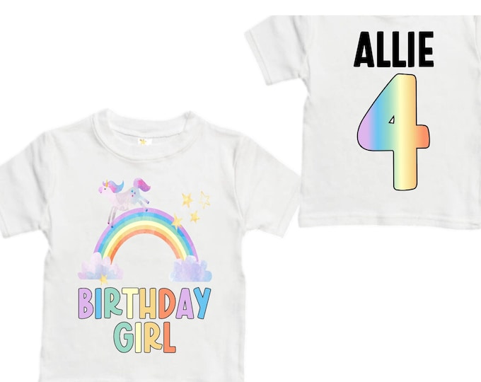 Personalized Rainbow Unicorn Four Birthday Girl Shirt. Cake Smash Sleeve Birthday Shirt. 4th . Birthday Shirt