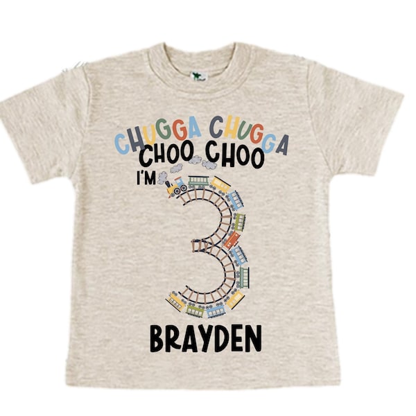 Personalized Choo Choo I'm 3 Train theme Birthday Shirt. Three Birthday. Boy's Train Birthday Shirt. Choo Choo Train Birthday Shirt.