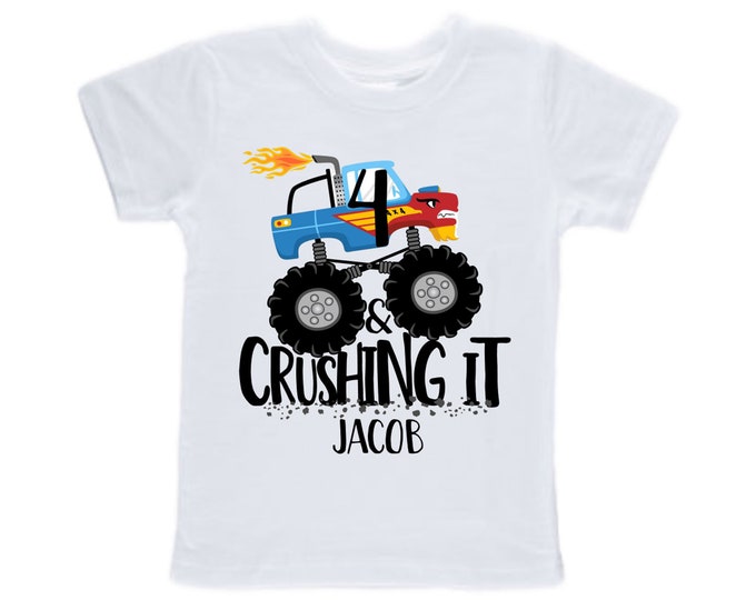 Personalized Monster TruckCrushing IT FOUR  Monster Truck theme Birthday Shirt. Boy's Racing Birthday . Monster Truck Birthday .