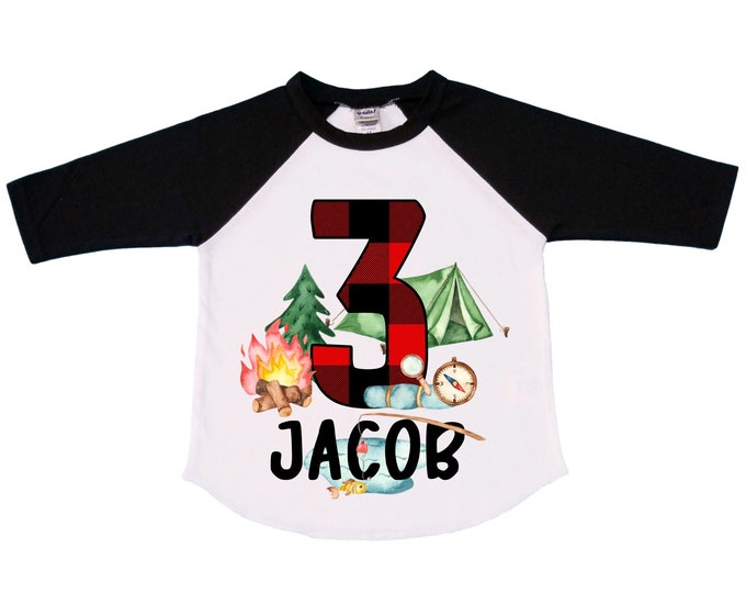 Personalized Camping. Camp theme Birthday Shirt. Happy Camper Birthday. Camper Shirt . THREE Birthday. Boy's Camp Birthday. adventure shirt