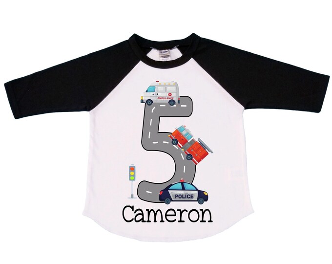 Personalized Police Firetruck Ambulance. Rescue Vehicle theme Birthday Shirt. FIVE Birthday. Boy's Police Birthday . Police Birthday .