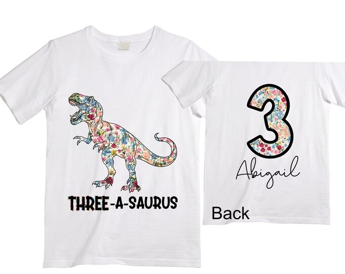 Personalized Dinosaur theme Birthday Shirt. Three Birthday. Girl's Floral Dino Birthday Shirt. Dinosaur Birthday Shirt. THREE Rex