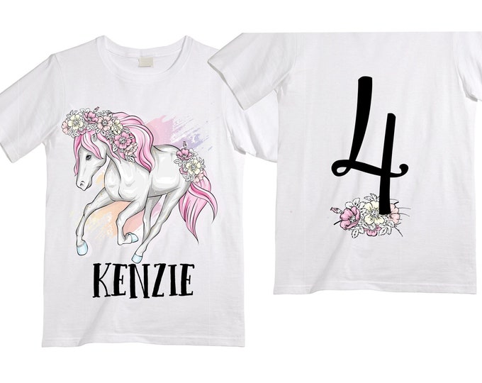 Personalized Horse Unicorn theme Birthday Shirt. Four Birthday. Girl's Floral Dino Birthday Shirt. Dinosaur Birthday Shirt. 4th Birthday