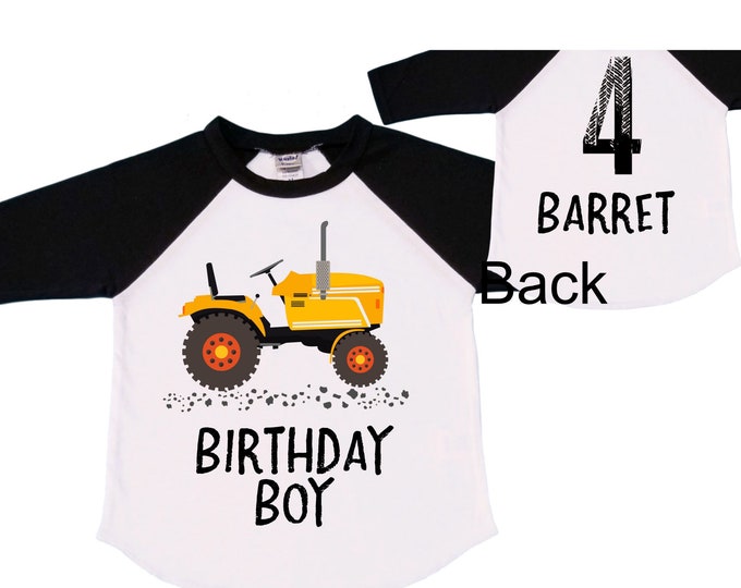 Personalized Tractor FOUR  Raglan Monster Truck theme Birthday Shirt. Two Birthday. Boy's Racing Birthday . Tractor Birthday .