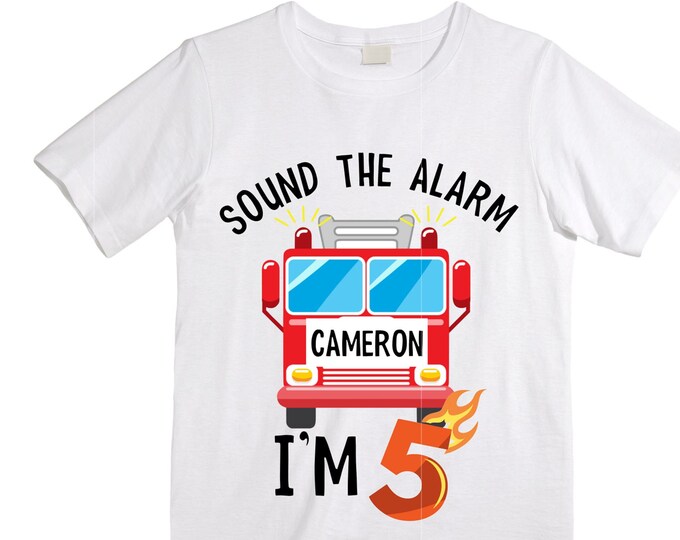 Personalized Sound the Alarm I'm 5 Fire Truck Truck FIVE Raglan Monster Truck theme Birthday Shirt. FIVE Birthday. FireTruck Birthday .