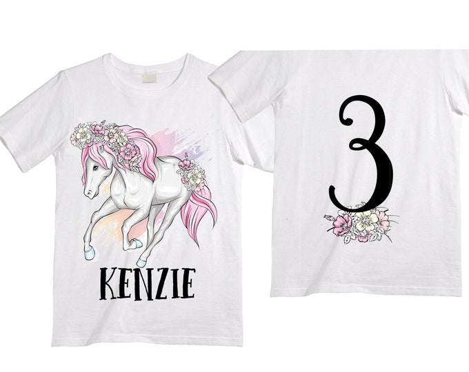 Personalized Horse Unicorn theme Birthday Shirt. Three Birthday. Girl's Floral Dino Birthday Shirt. Dinosaur Birthday Shirt. THREE Rex