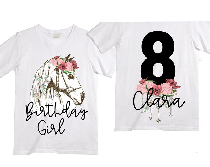 Personalized Boho Horse Unicorn theme Birthday Shirt. Eight Birthday. Girl's Floral Dino Birthday Shirt. Dinosaur Birthday Shirt. 8 Birthday