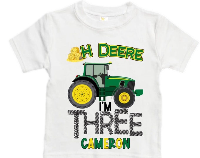 Personalized Tractor theme Birthday Shirt. THREE Birthday. Boy's Truck Birthday Shirt. Tractor Racing Birthday Shirt.