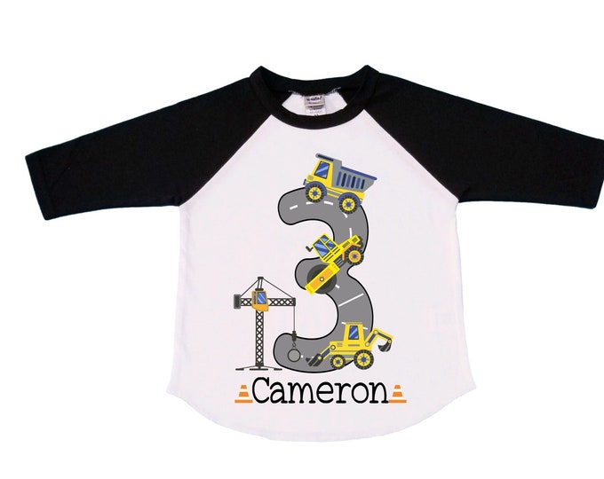 Personalized 3 Digger Construction theme Birthday Shirt. THREE Birthday. Boy's Dump Truck Birthday Shirt.