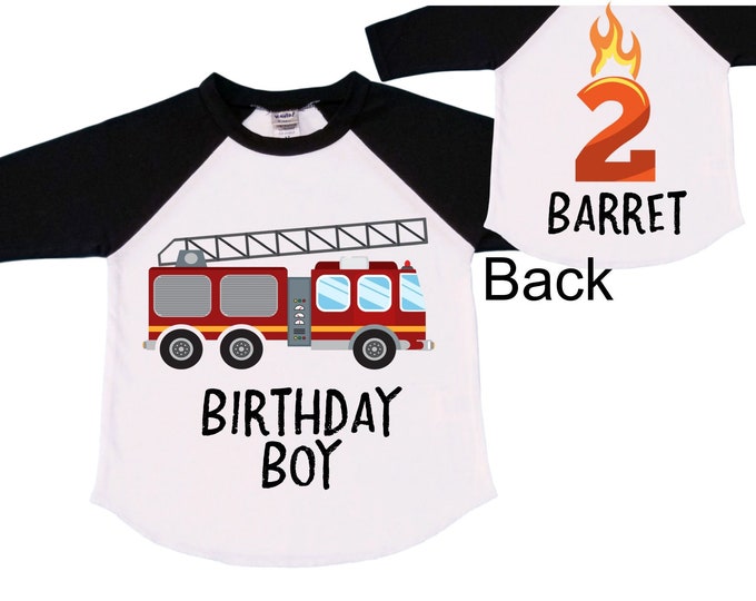 Personalized Fire Truck theme Birthday Shirt. Two Birthday. Boy's Truck Birthday Shirt. Monster Truck Racing Birthday Shirt.