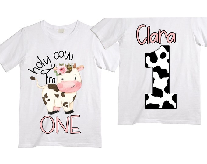 Personalized Holy Cow I'm One  Farm Barn Tractor Farm Animal theme Birthday Shirt. ONE Birthday. Girl's Barn Birthday. Farm Birthday Shirt.