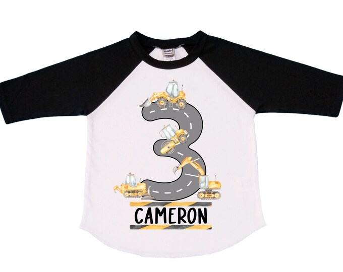 Personalized 3 Digger Construction theme Birthday Shirt. THREE Birthday. Boy's Dump Truck Birthday Shirt.