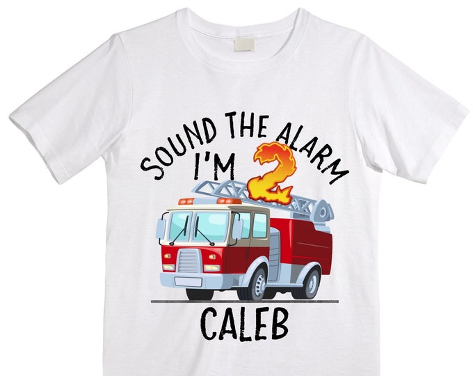 Personalized Sound the Alarm I'm 2 Fire Truck theme Birthday Shirt. Two Birthday. Boy's Truck Birthday Shirt. Fire Truck Birthday Shirt.