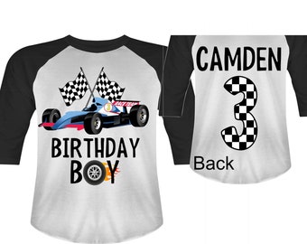 Personalized RaceCar theme Birthday Shirt. THREE Birthday. Boy's Racecar Birthday Shirt. Race Car Racing Birthday Shirt.