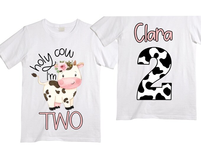 Personalized Holy Cow I'm TWO Barn Farm Animal theme Birthday Shirt. Two Birthday. Girls Barn Birthday Shirt.  Farm Birthday Shirt